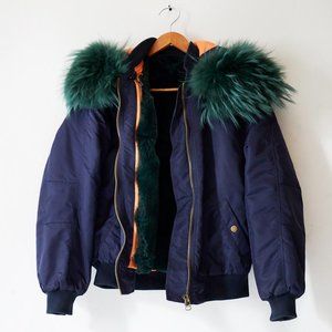 Navy Mr & Mrs Italy fur hood Bomber Jacket coat S